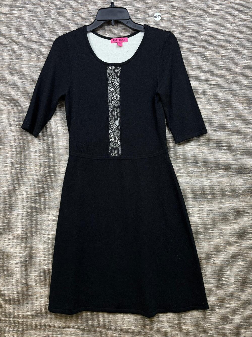 Betsey Johnson Sweater Dress Womens S Black Lace Floral Fit & Flare Knee Length